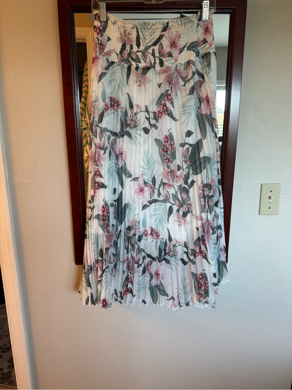 City Chic White Pleated Midi Skirt with Pink & Green Floral Print